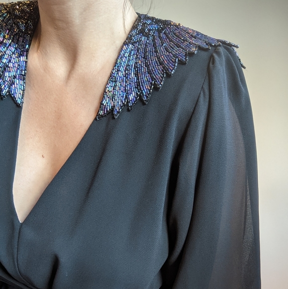 Vintage Beaded V Neckline Puff Sleeve dress